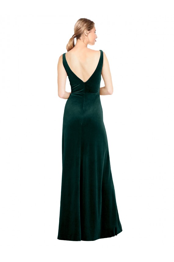 V-Back Dark Green A-Line V-Neck Long Black Tie Formal Dress