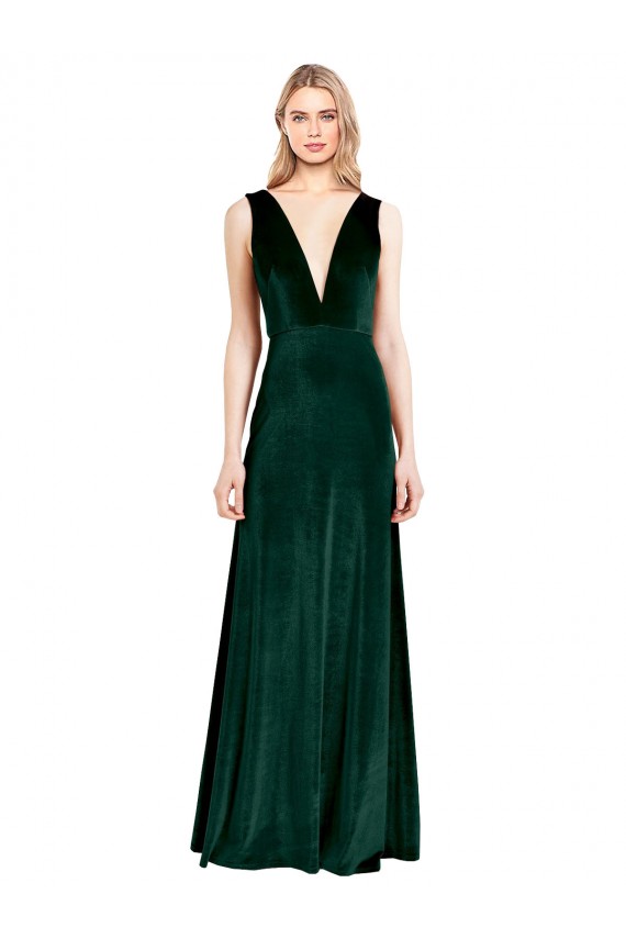 V-Back Dark Green A-Line V-Neck Long Formal Dress
