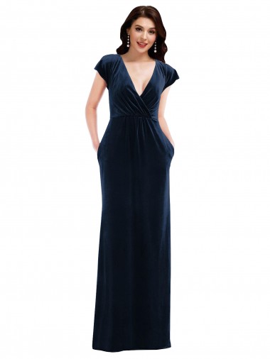 Cheap Dark Navy A-Line V-Neck Long Formal Dress UK
