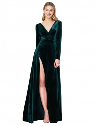 Cheap Dark Green A-Line V-Neck Sweep Train Black Tie Formal Dress UK