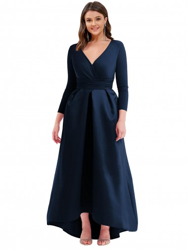 Cheap Dark Navy Ball Dress V-Neck Long High Low Plus Size Formal Dress UK