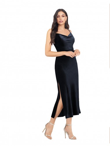 Cheap Low Back Dark Navy Column Cowl Neck Midi Length Formal Dress UK
