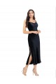 Low Back Dark Navy Column Cowl Neck Midi Length Formal Dress