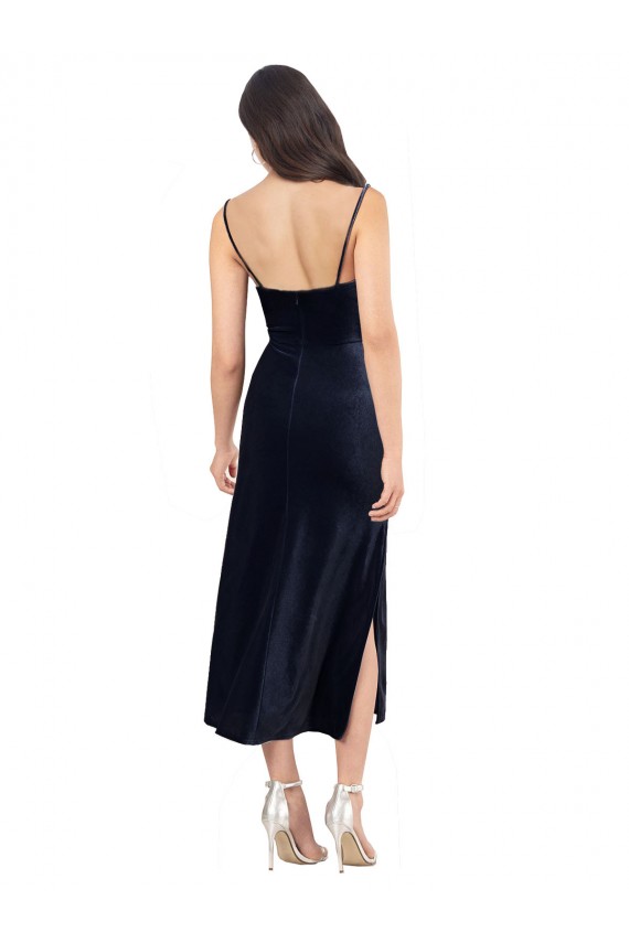 Low Back Dark Navy Column Cowl Neck Midi Length Formal Dress