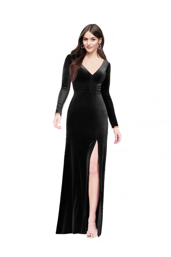 V-Back Black Column V-Neck Long Formal Dress