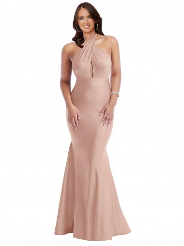 Cheap Open Back Dusty Pink Mermaid Halter Neck Long Formal Plus Size Formal Dress UK