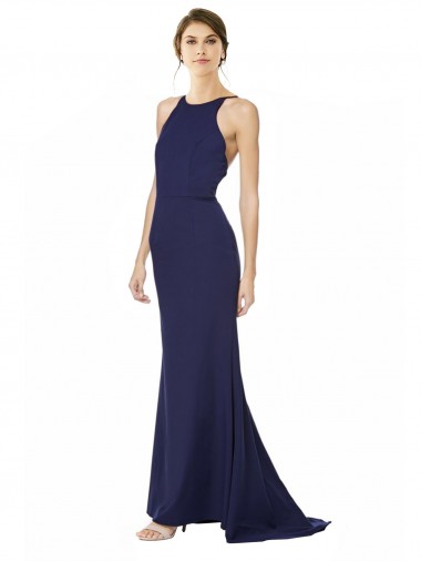 Cheap Open Back Navy Blue Mermaid High Neck Long Formal Dress UK