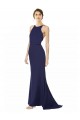 Open Back Navy Blue Mermaid High Neck Long Formal Dress