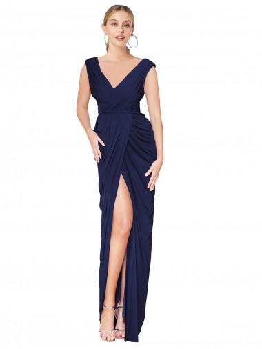 Cheap V-Back Dark Navy Mermaid High Neck Long Formal Dress UK