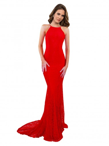 Cheap Open Back Red Mermaid High Neck Long Formal Dresses UK