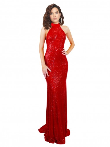 Cheap Open Back Red Mermaid High Neck Long Sequin Formal Dress UK