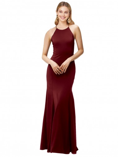 Cheap Open Back Burgundy Gold Mermaid High Neck Long Formal Dress UK
