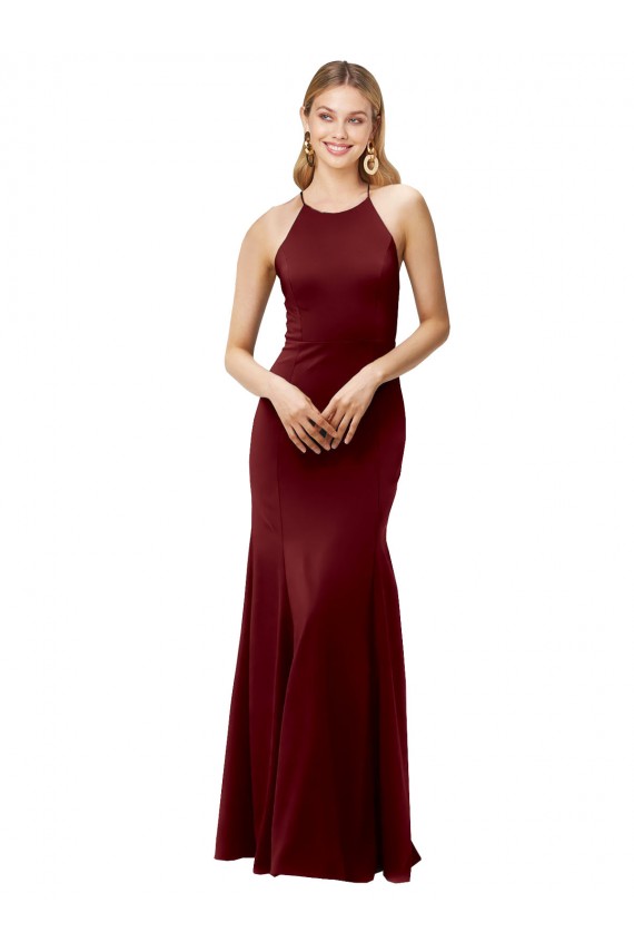 Open Back Burgundy Gold Mermaid High Neck Long Formal Dress
