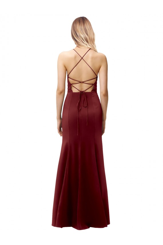 Open Back Burgundy Gold Mermaid High Neck Long Formal Dress