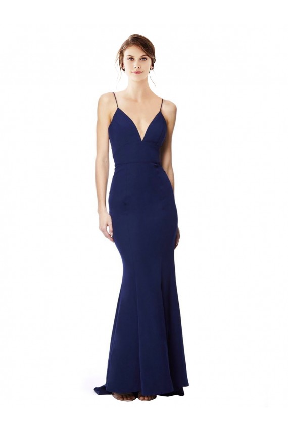Open Back Navy Blue Mermaid High Neck Long Formal Dresses