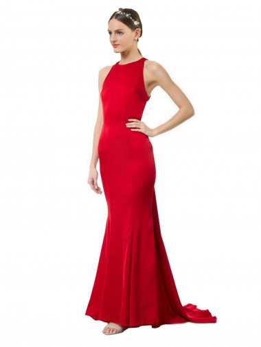 Cheap Open Back Red Mermaid High Neck Long Formal Dress UK