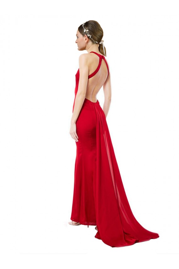 Open Back Red Mermaid High Neck Long Formal Dress