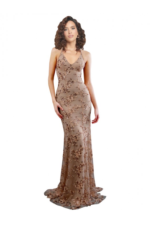 Open Back Rose Gold Mermaid High Neck Long Formal Dress