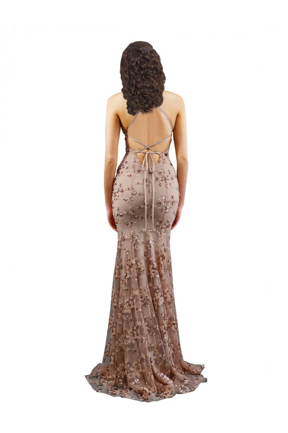 Open Back Rose Gold Mermaid High Neck Long Formal Dress