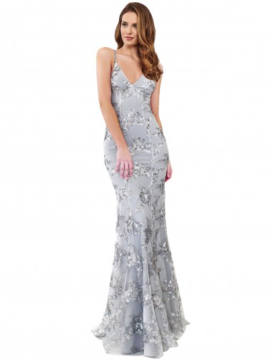 Cheap Open Back Silver Mermaid High Neck Long Formal Dress UK
