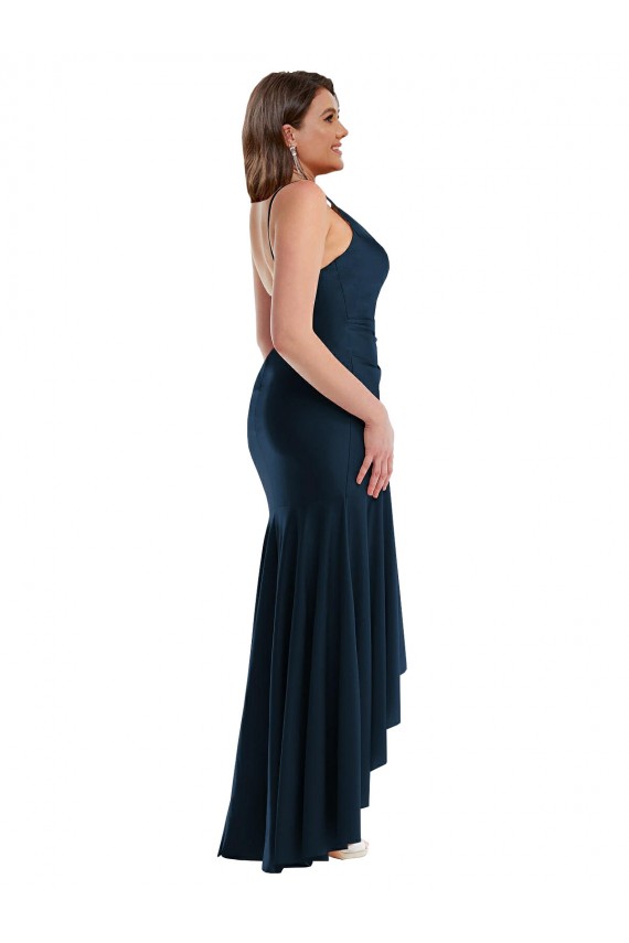Dark Navy Mermaid Spaghetti Straps Long High Low Plus Size Formal Dress