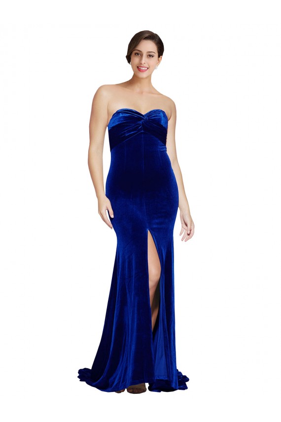 Low Back Royal Blue Mermaid Strapless Sweep Train Formal Dress