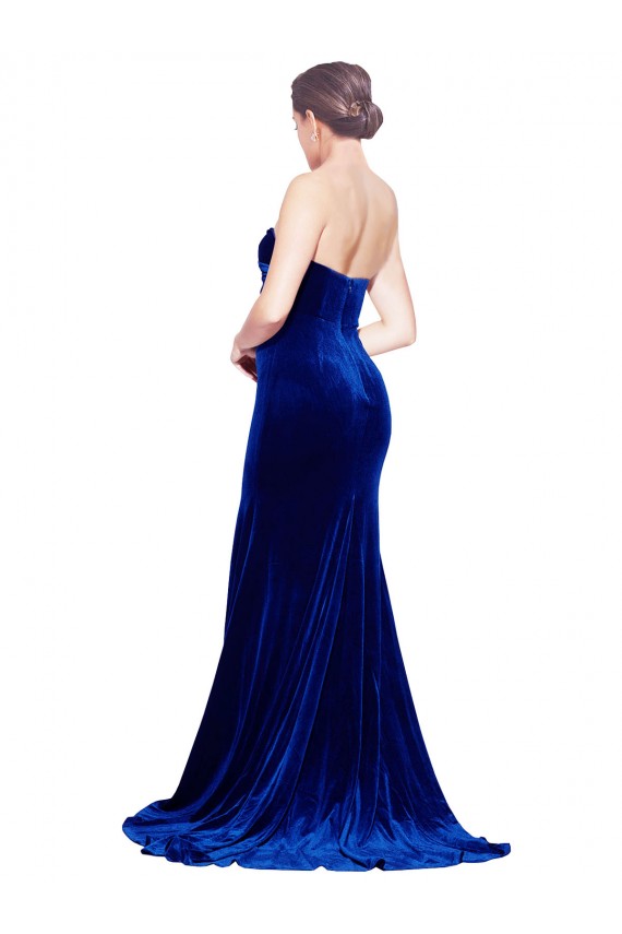 Low Back Royal Blue Mermaid Strapless Sweep Train Formal Dress
