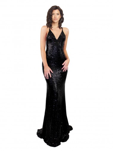 Cheap Open Back Black Mermaid V-Neck Long Black Tie Formal Dress UK