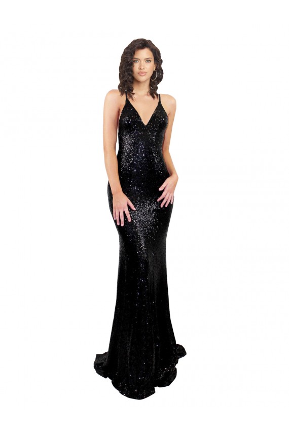 Open Back Black Mermaid V-Neck Long Black Tie Formal Dress