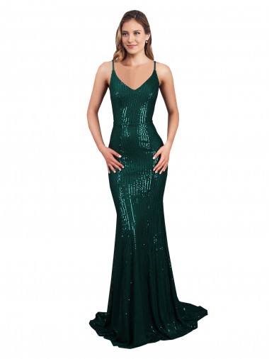 Cheap Low Back Dark Green Mermaid V-Neck Long Formal Dress UK