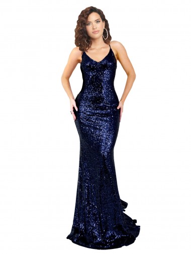 Cheap Open Back Dark Navy Mermaid V-Neck Long Formal Dress UK