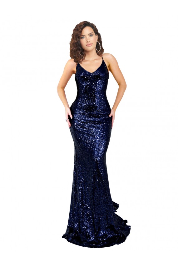 Open Back Dark Navy Mermaid V-Neck Long Formal Dress