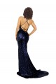 Open Back Dark Navy Mermaid V-Neck Long Formal Dress