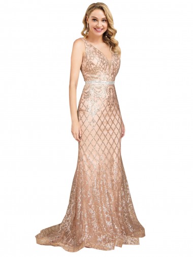 Cheap V-Back Rose Gold Mermaid V-Neck Long Formal Plus Size Formal Dress UK
