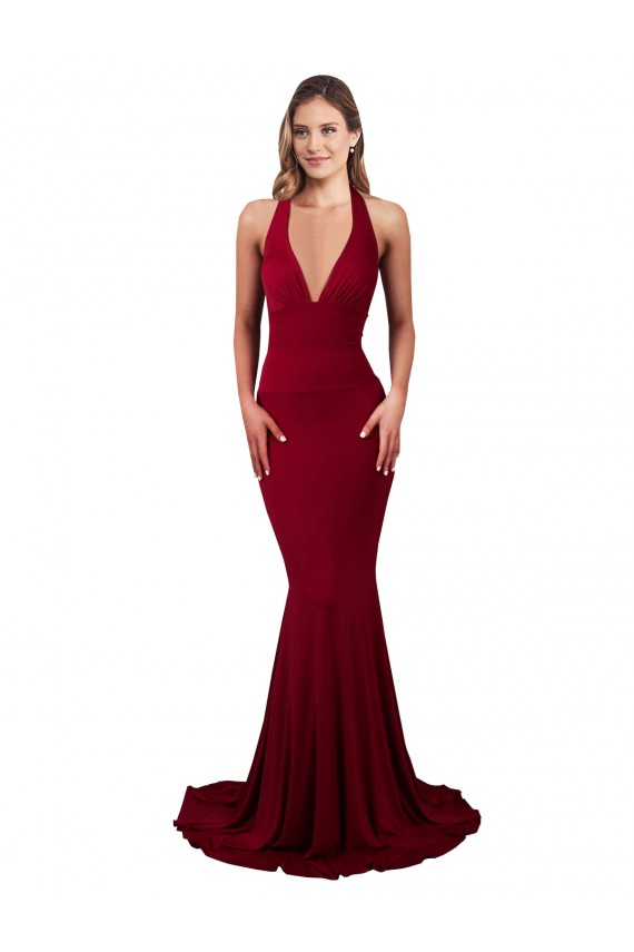 Open Back Burgundy Mermaid V-Neck Long Formal Dress