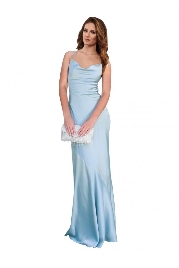 Open Back Light Sky Blue Sheath Cowl Neck Long Formal Dress
