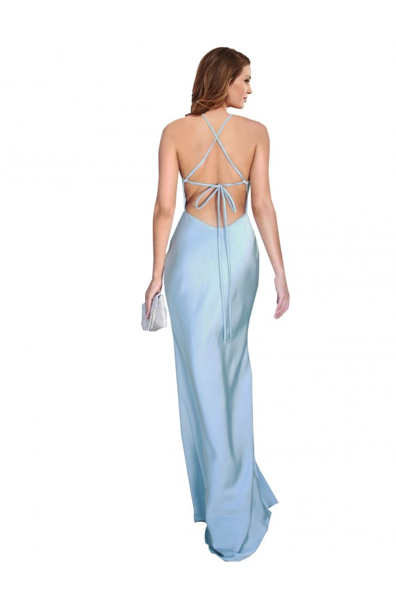 Open Back Light Sky Blue Sheath Cowl Neck Long Formal Dress