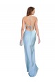 Open Back Light Sky Blue Sheath Cowl Neck Long Formal Dress