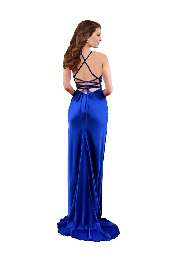 Open Back Royal Blue Sheath Cowl Neck Long Formal Dress