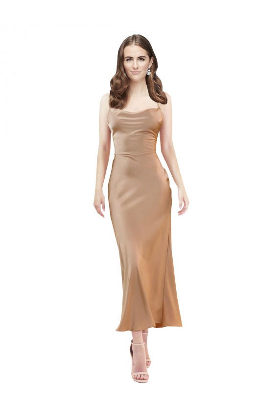 Open Back Rose Gold Sheath Cowl Neck Midi Length Formal Dress