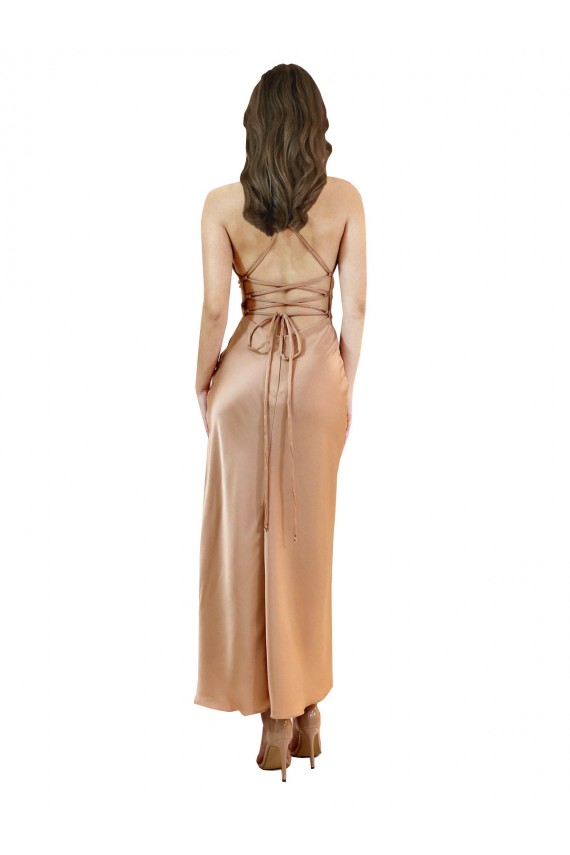 Open Back Rose Gold Sheath Cowl Neck Midi Length Formal Dress