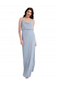 V-Back Smoke Blue Sheath Cowl Neck Long Formal Dress