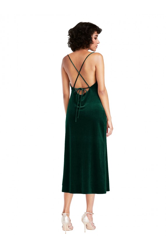 Open Back Dark Green Sheath Cowl Neck Midi Length Black Tie Formal Dress
