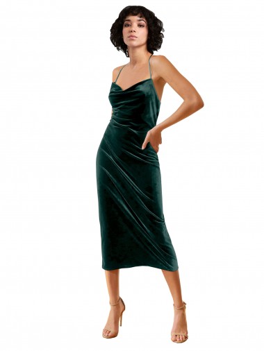 Cheap Open Back Dark Green Sheath Cowl Neck Midi Length Formal Dress UK