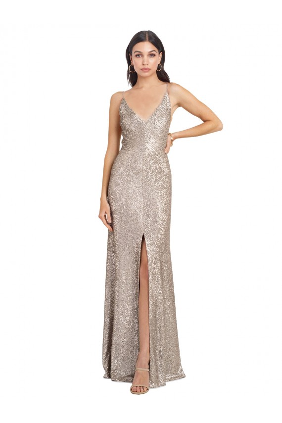 V-Back Silver Sheath High Neck Long Formal Dress