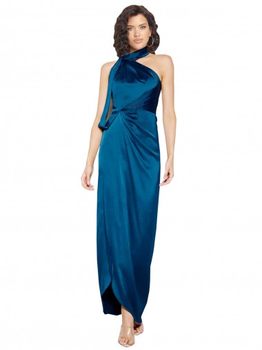 Cheap Peacock Blue Sheath High Neck Long Formal Dress UK