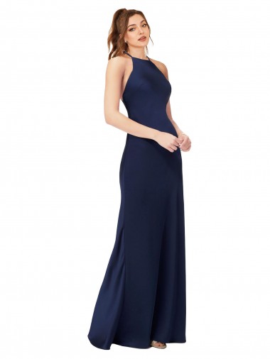 Cheap Open Back Sapphire Sheath High Neck Long Formal Dress UK
