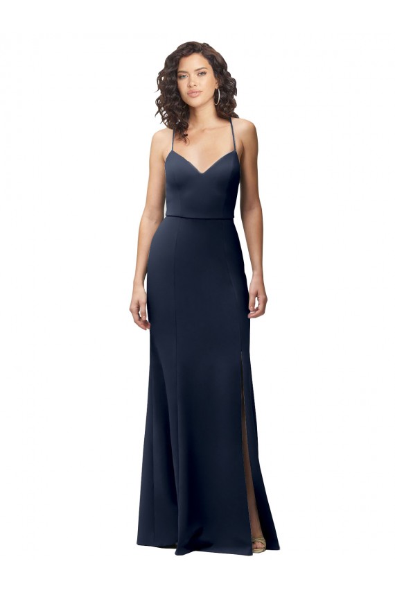 Open Back Dark Navy Sheath High Neck Long Formal Dress