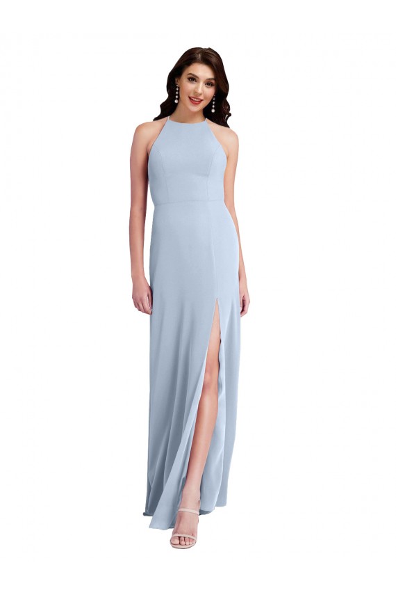 Open Back Light Sky Blue Sheath High Neck Long Formal Dress