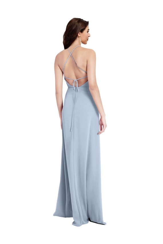 Open Back Light Sky Blue Sheath High Neck Long Formal Dress